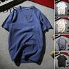Summer Tee Men T-shirt Short Sleeves V Neck Button Solid Color Slim Fit Cotton Linen Casual Male Shirt Top Daily Wear