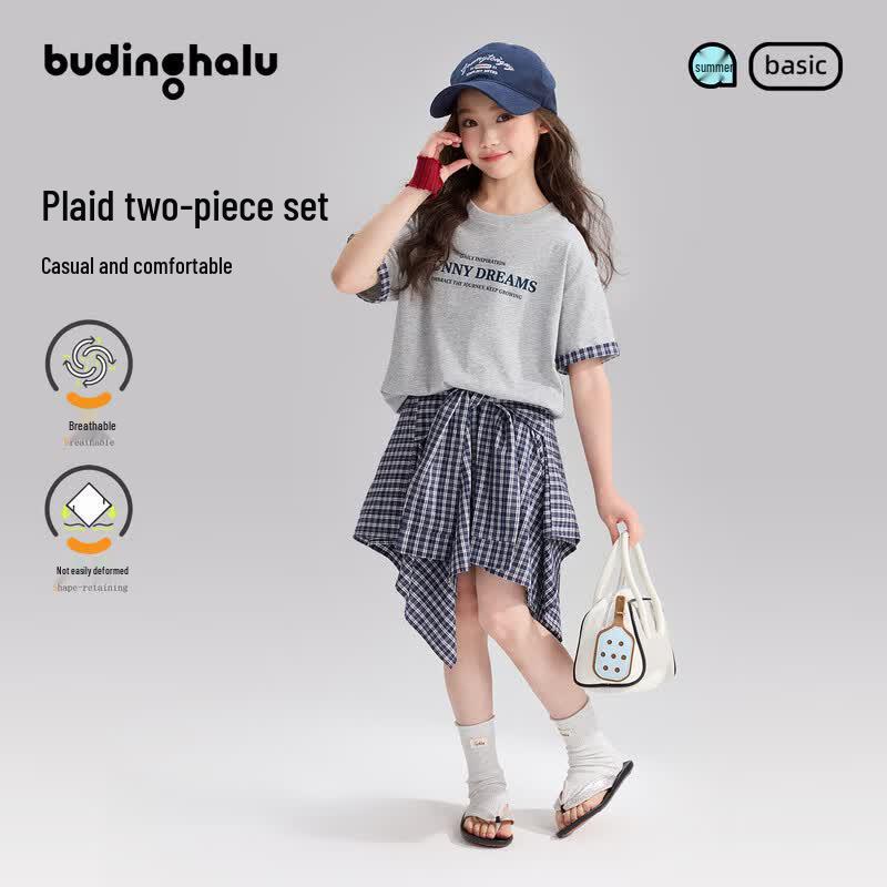 Pudding Haru Girls  College Style Plaid Irregular Skirt 150