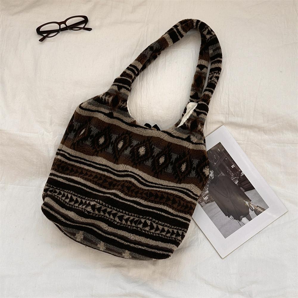 Trendy Plush Leopard Print Shoulder Bag With Versatile Tribal Stripes For Everyday Use Ethnic Stripes