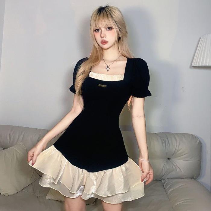 2026 Summer French Sweet and Spicy Lace Fungus Edge Splicing Short Dress Women s Sweet Temperament Fashion Short Sleeve Dress Women S