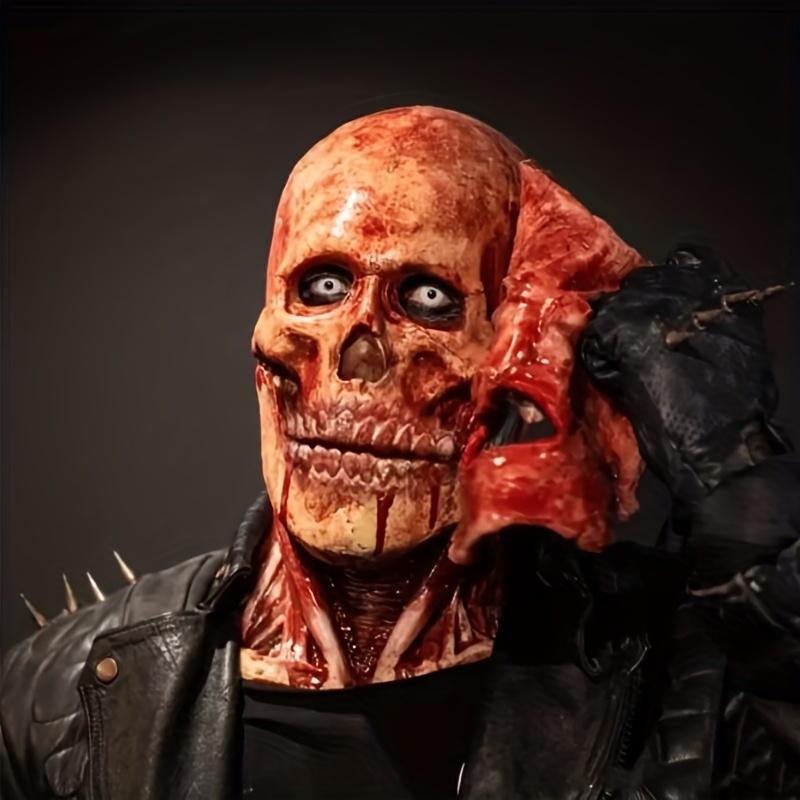 Realistic Blood Double Layer Skull Mask - Full Face Horror Latex Headgear with Movable Mouth for Halloween Cosplay Party Costume