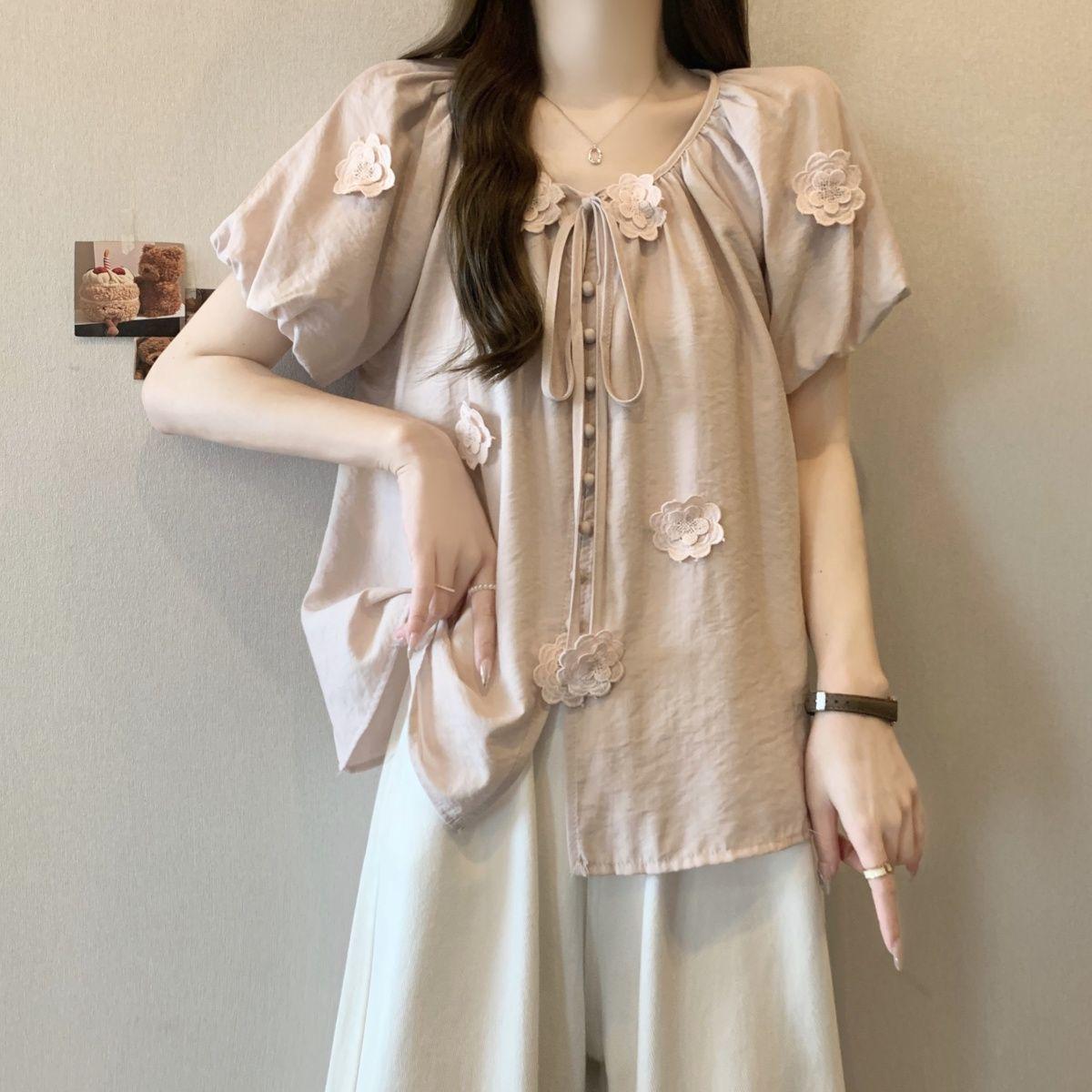 

Plus Size Pink Floral Bubble Sleeve Summer Top - Loose & Slimming 2XL (recommended for 141-160 jin)