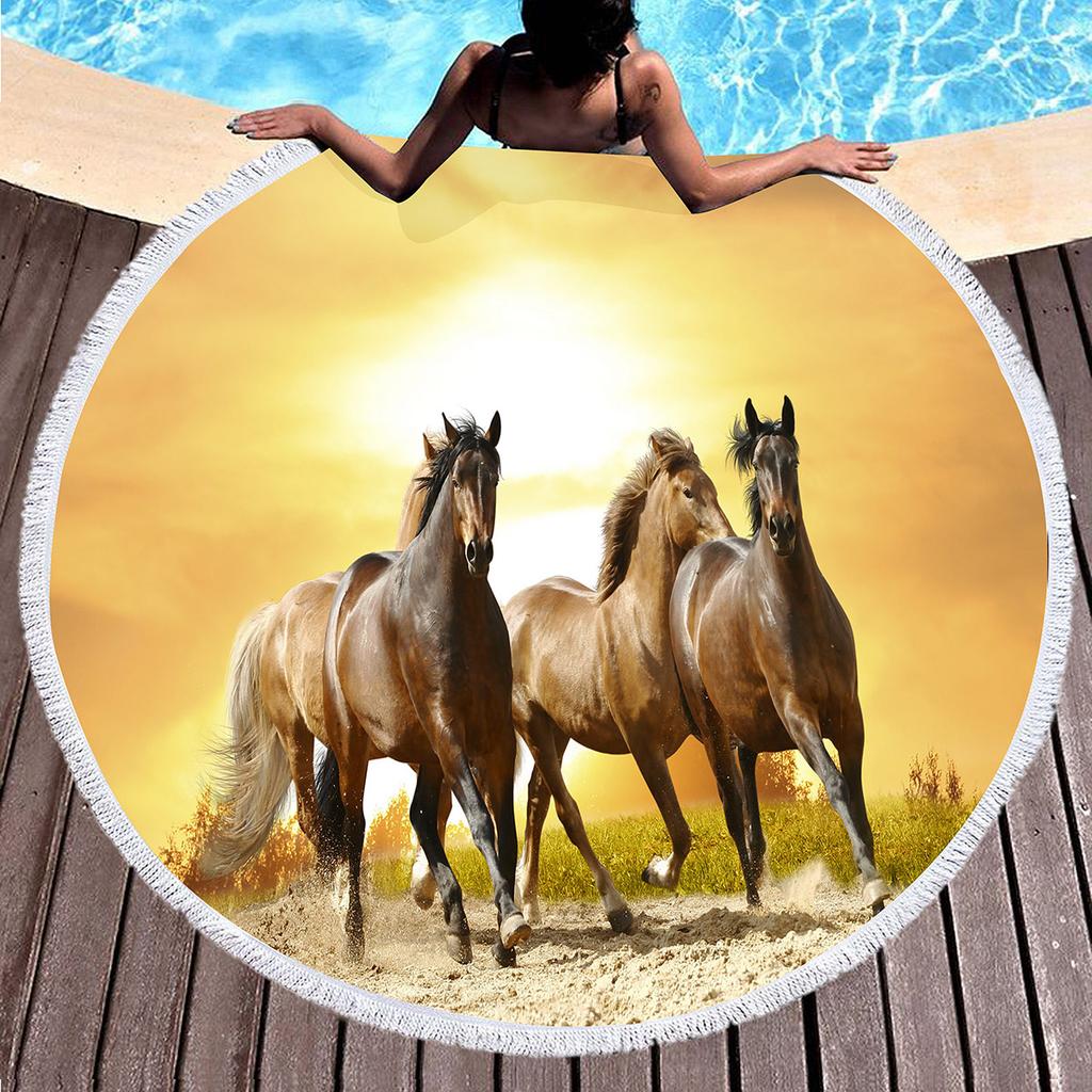 Horse Round Beach Towel,Wild Horse Beach Blanket Shawl Soft Microfiber Cowboys Western Farmhouse Rustic Theme Towel For Picnic