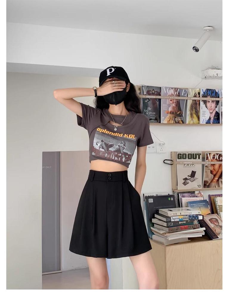 Women's Retro High-Waist A-Line Autumn Shorts 2024 – Casual, Loose, Wide-Leg Mid-Length.