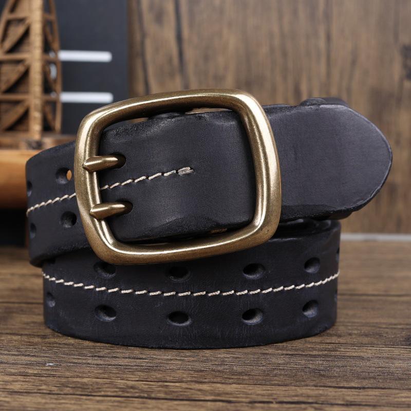 Vintage Style Double-Stitched Copper Buckle Men's Genuine Leather Belt