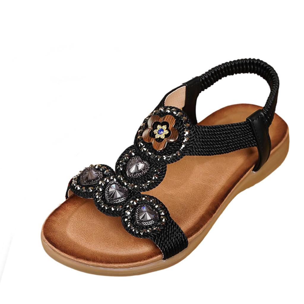 Sandali da Spiaggia Comodi con Suola Spessa, Decorati con Strass, Stile Bohemien, con Cinturino Elastico Posteriore, Slip-On, Calzature Estive per Donna