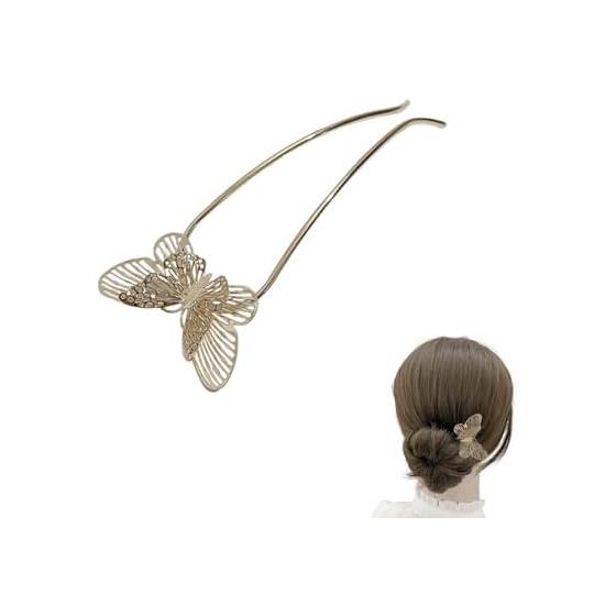 Kanzashi Hairpin Hair Accessory for Japanese Attire, U-Comb Alloy Hairpin for Weddings, Kimono, Coming of Age Ceremonies, Recitals (Butterfly/Gold)