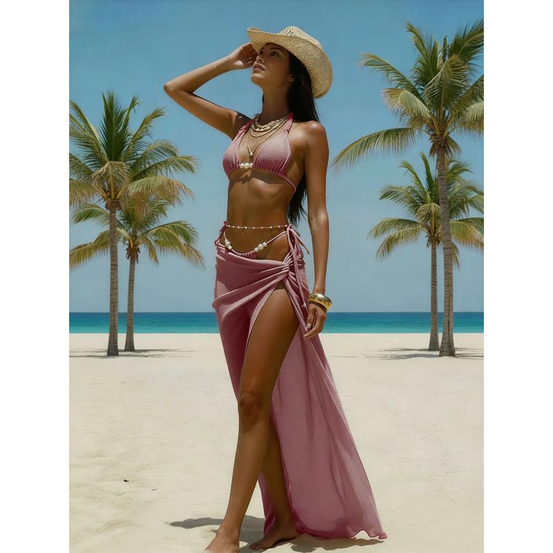 Summer 3 Piece Bikini Sets Elegant Pearl Waist Belt Swimwear with Maxi Beach Skirt Beachwear Long Sarong Bathing Suit