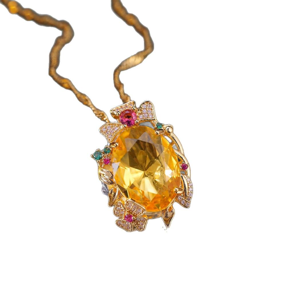 18K Gold Plated Yellow Crystal & Purple Tourmaline Pendant Ring Necklace with Colorful Gemstones.