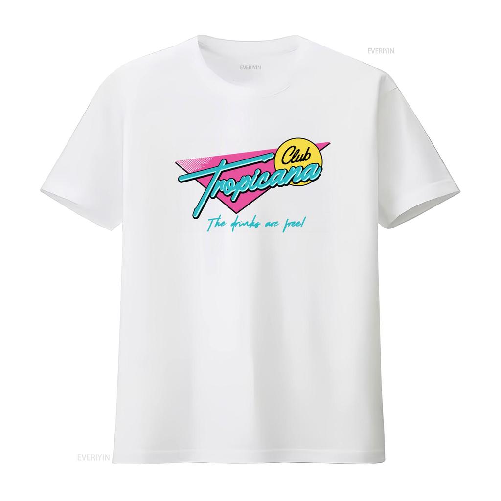 Club Tropicana T Shirt Retro 80s Neon Design Perfect for Fancy Dress Parties Music Lovers The Drinks Are Free Vintage Washed