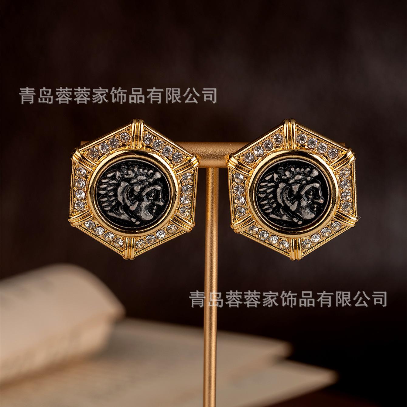 European American Western Greek Coins Relief Earrings Court Style Light Luxury High-end Feeling Antique