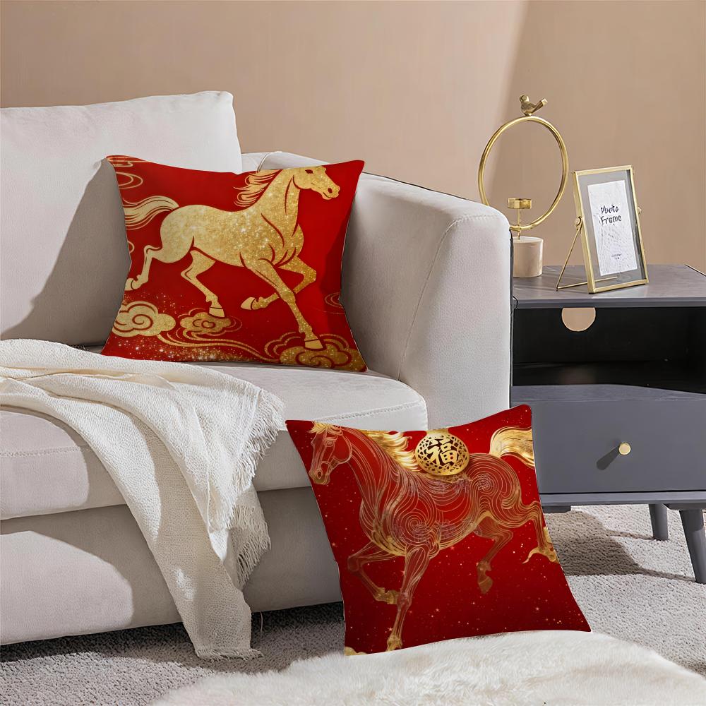 Lucky Chinese New Year red horse art  Cushion Cover Pillowcase Short Plush Invisible zipper Room Sofa Cushion Cover