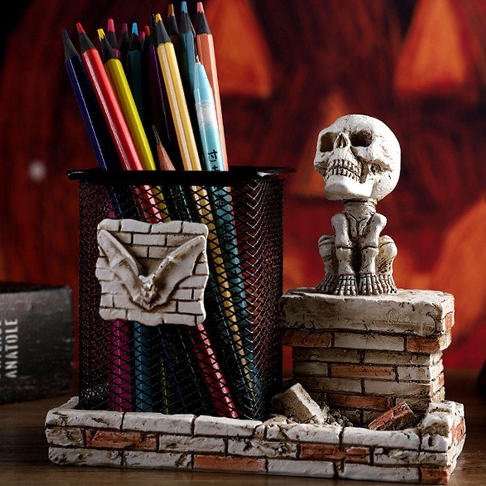 Scary Halloween Skull Pen Holder Funny Skeleton Statue Ornament Haunted House
