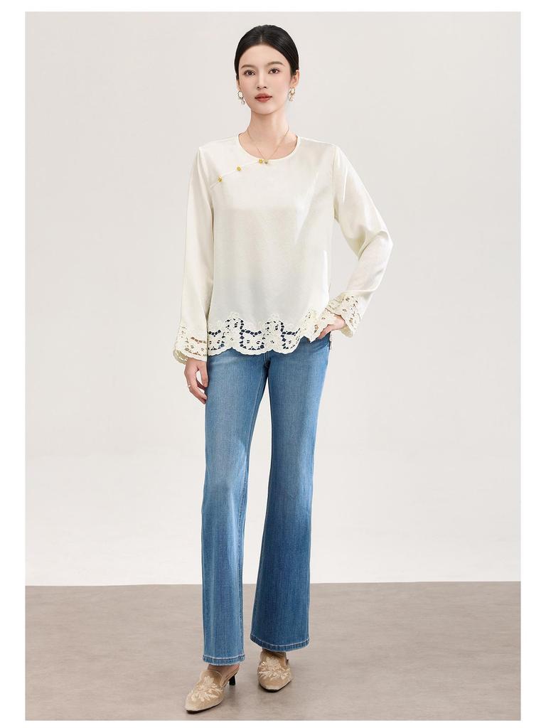 Luxurious Retro Chinese Satin Embroidery Round Neck Shirt - Early Spring Fashion