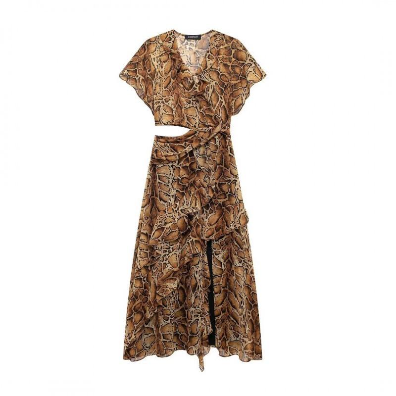 European American Women s Clothing Summer Waist Cut Animal Pattern Printed V-neck Dress XS