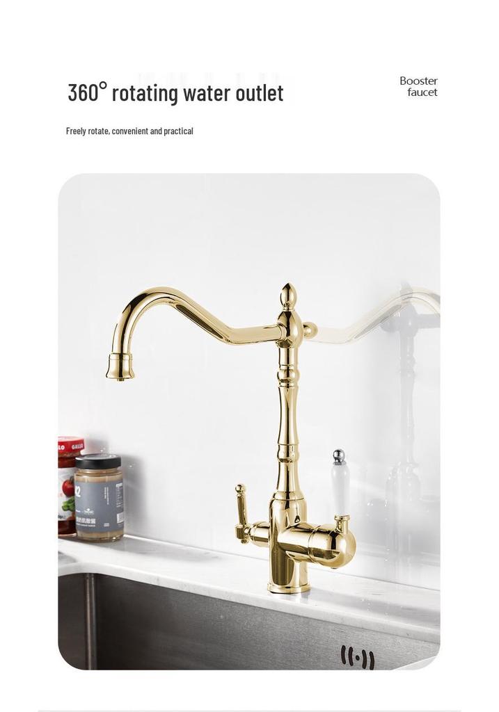 Antique Gold All-Copper 3-in-1 Kitchen Faucet: Hot/Cold Water for Sink & Vegetable Wash Basin, Splash-Proof Design