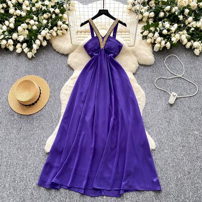 Summer Women Sexy Purple Strapless Open Back Sequined Beading Long Midi Holiday Beach Dress