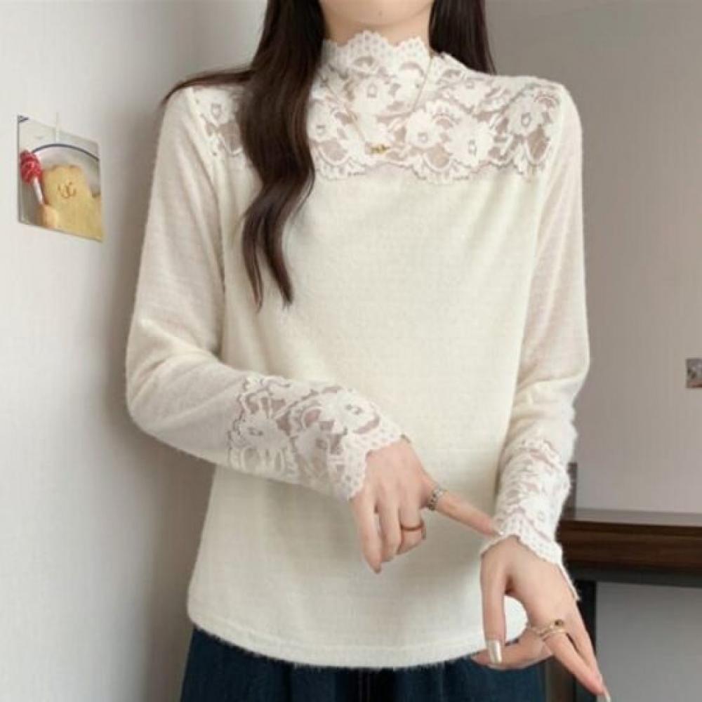 Navava Lace Inner VelveT Fleece Half Zip Long Sleeve T shirT nT3123