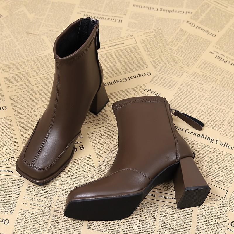 Square boots high heel short boots women's spring and autumn new thin single boots early autumn Martin boots small ankle boots