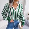 Chic Women Loose Knitted Sweater Winter Fall All Match Tops Balloon Sleeve Contrast Stripe Tie