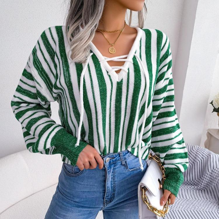 Chic Women Loose Knitted Sweater Winter Fall All Match Tops Balloon Sleeve Contrast Stripe Tie