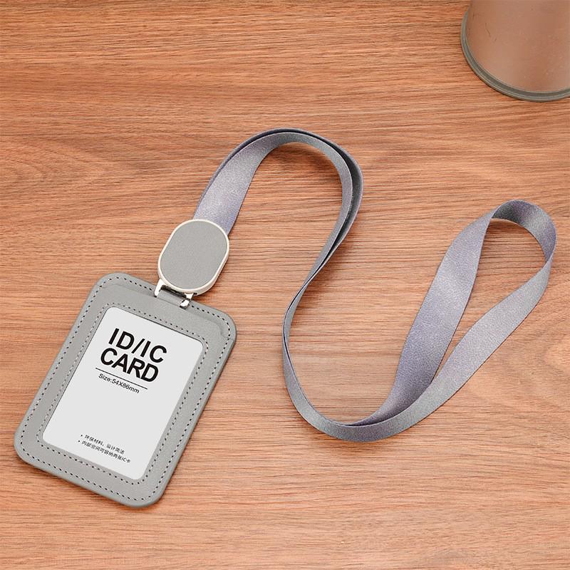 Durable Leather ID Card Holder with Retractable Lanyard, Waterproof, Dual-Orientation Use