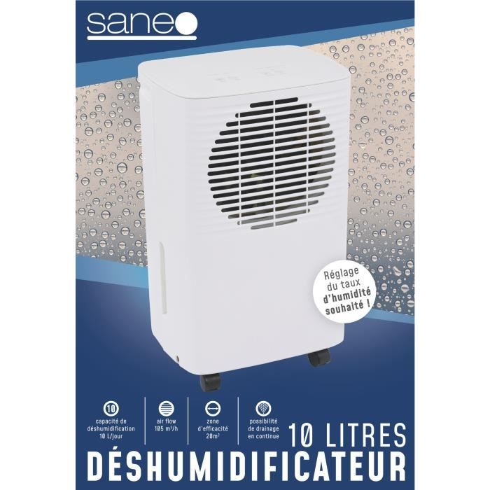 Saneo - déshumidificateur d'air - 10 l/jour - 20m2 – purificateur d'air - séchage du linge - drainage continu - silencieux - blanc