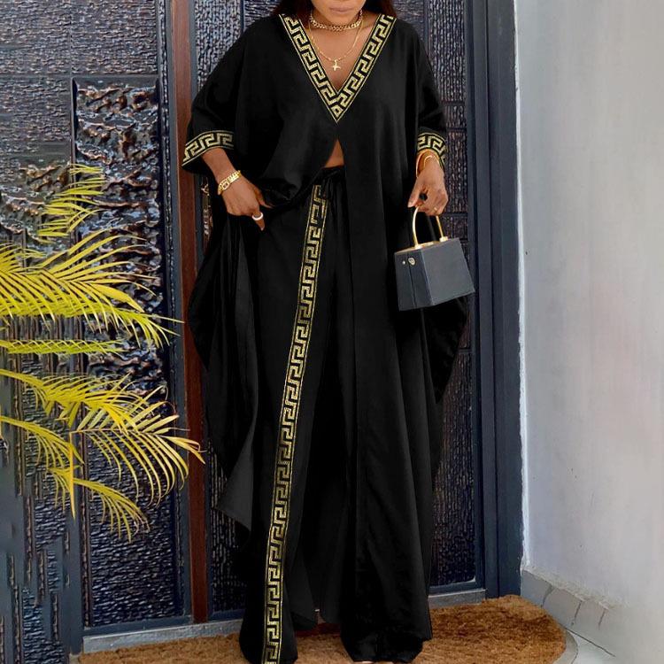 2025 New Loose Casual Two-Piece Homewear: V-Neck Button Print Top & Drawstring Long Pants