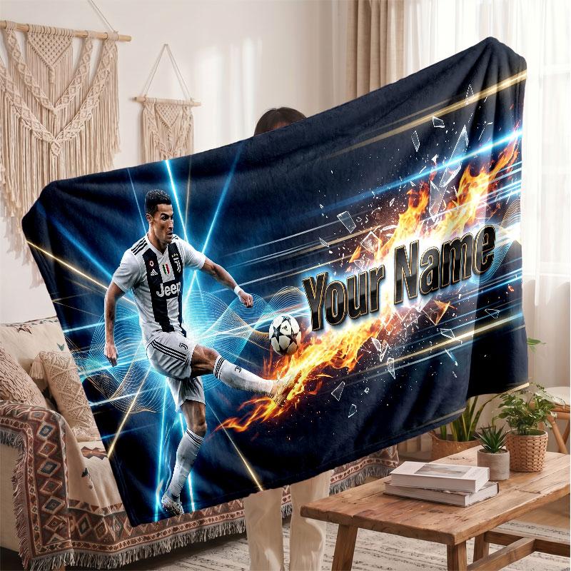 Personalisierte Fleece-Decke Cristiano Ronaldo mit Fußball-Logo, Individueller Name Text Weich Warm Home Überwurfdecke