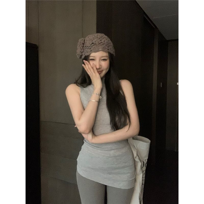 

Kumikumi Age-Reducing Pink Slim fit Sleeveless Vest Women Summer High Waist Slimming Bootcut Trousers Casual Pants Two-piece Set Gray vest One size