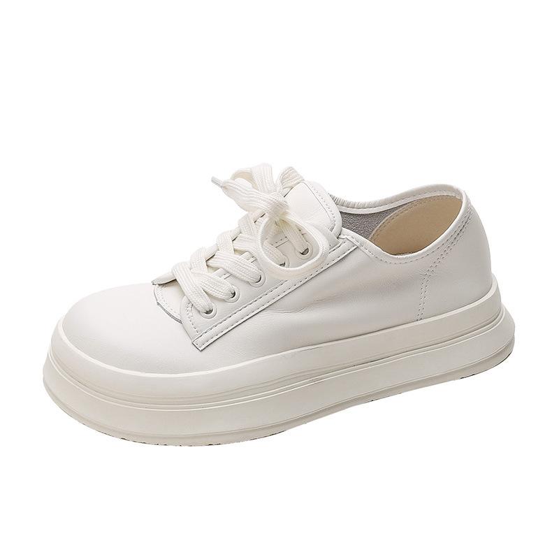 

Leather platform white shoes women s 2025 autumn new round head flat bottom low top lace-up board shoes trendy versatile rubber sole 40