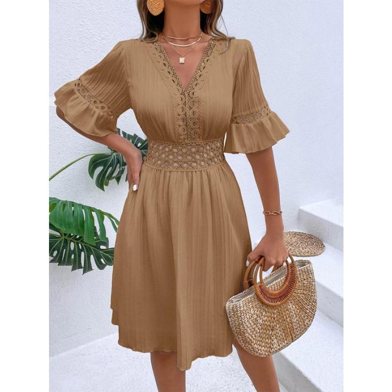 Vestidos casuales de cintura alta con cuello en V y mangas 1/2 con estampado de color sólido para verano y primavera a la moda para mujer