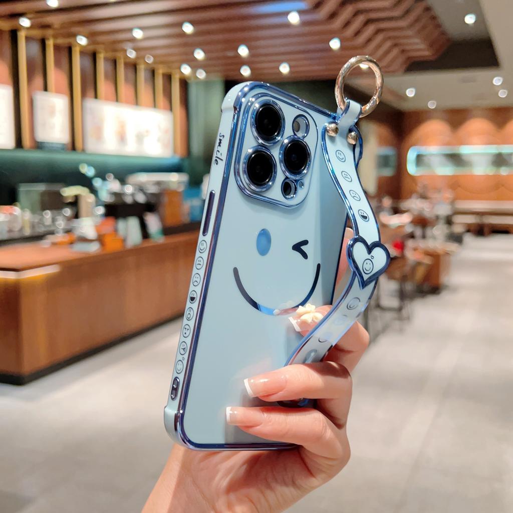 New product applies to iPhone17ProMax side smiley face wrist strap Apple 15 electroplated mobile phone case 16 protective case