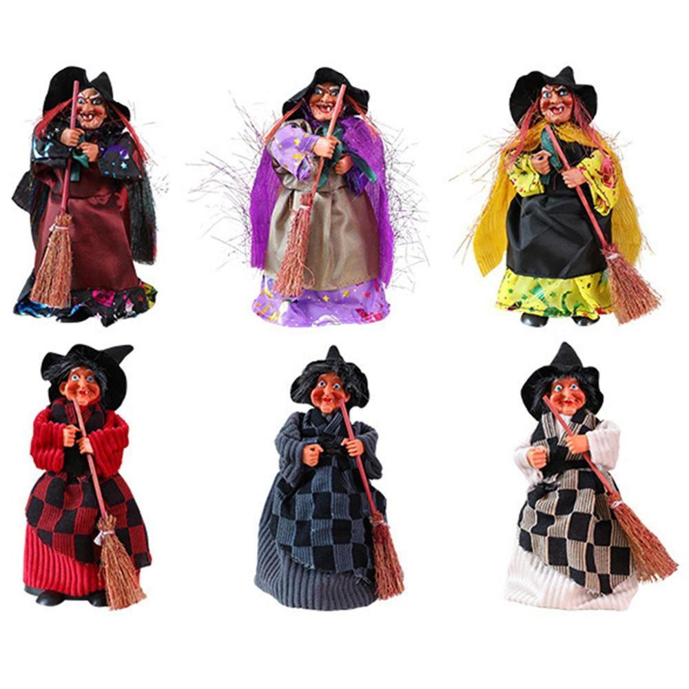 Creative Broomstick Witch Statues Funny Retro Halloween Witch Ornament Cloth Crafts Witch Figurines Halloween Party Decoration