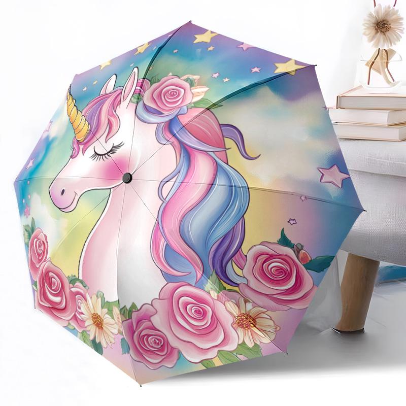 1pc Rainbow Unicorn Fantasy Automatic Umbrella with Folding Compact Durable 8 Rib Design Foldable Carry Umbrella Stylish Accessory Perfect Birthday Y6
