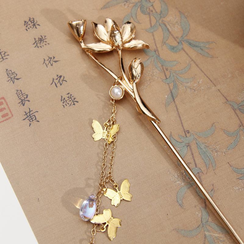 Night Lotus Tassel Hairpin Plate Hair Ornament Hanfu Headwear China Style Hairpin Ancient Style Step Shake Flower Pearl Hairpin