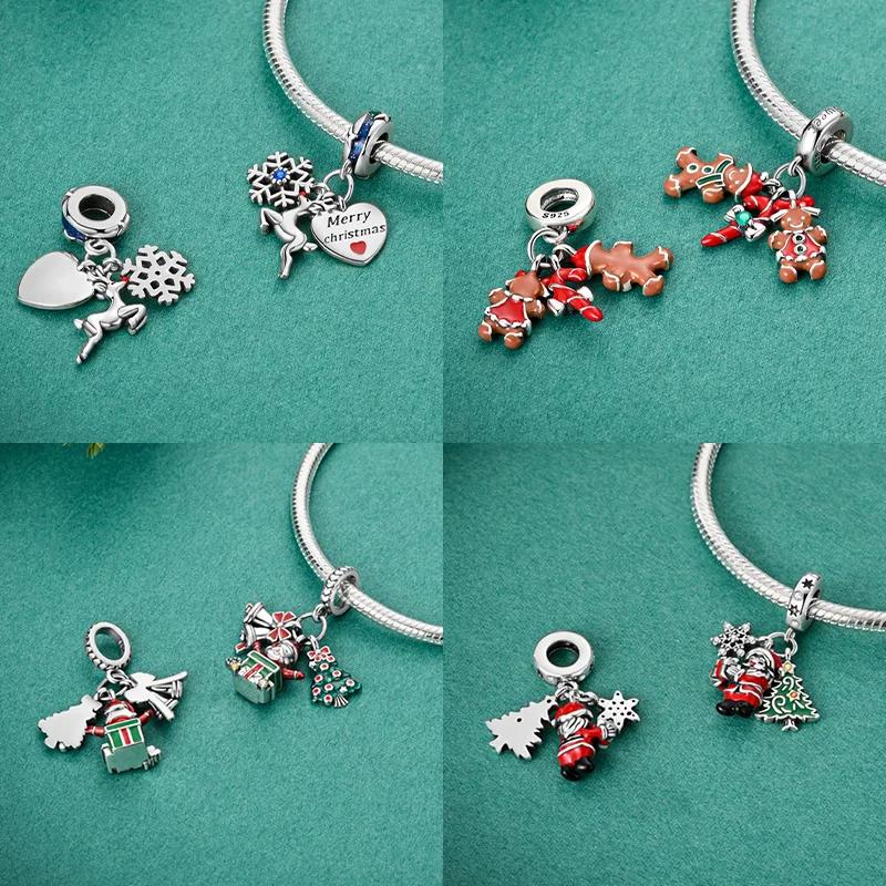 Copper New Christmas Charms Elk Santa Claus Bead Snowflake Bell Snowman Charm Fit Original Bracelet Diy Jewelry For Women
