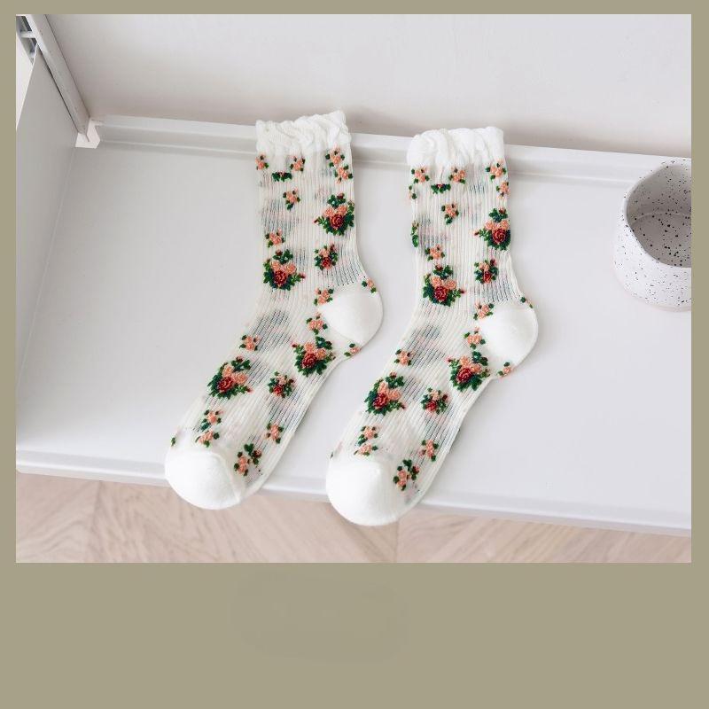 Women's Spring and Summer Thin Mid-calf Socks, Retro Floral Pile Socks, Lace Transparent Glass Fiber Socks