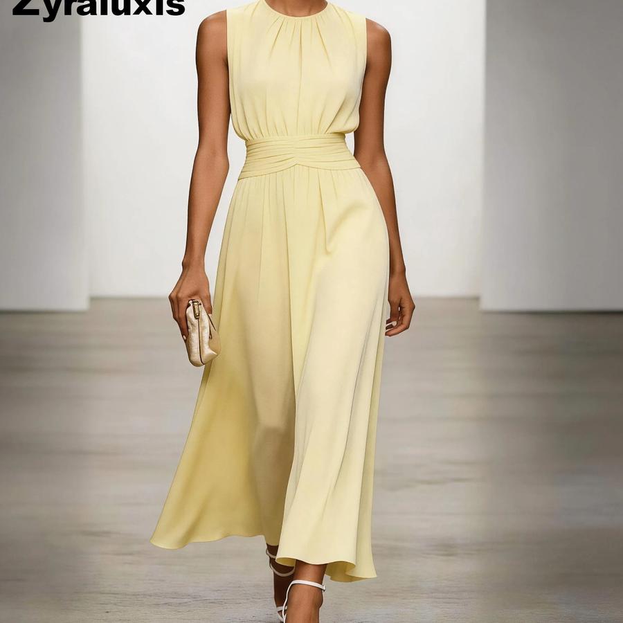 New Women's Sleeveless Round Neck Ruched Dress Elegant Simple Spring Summer Style