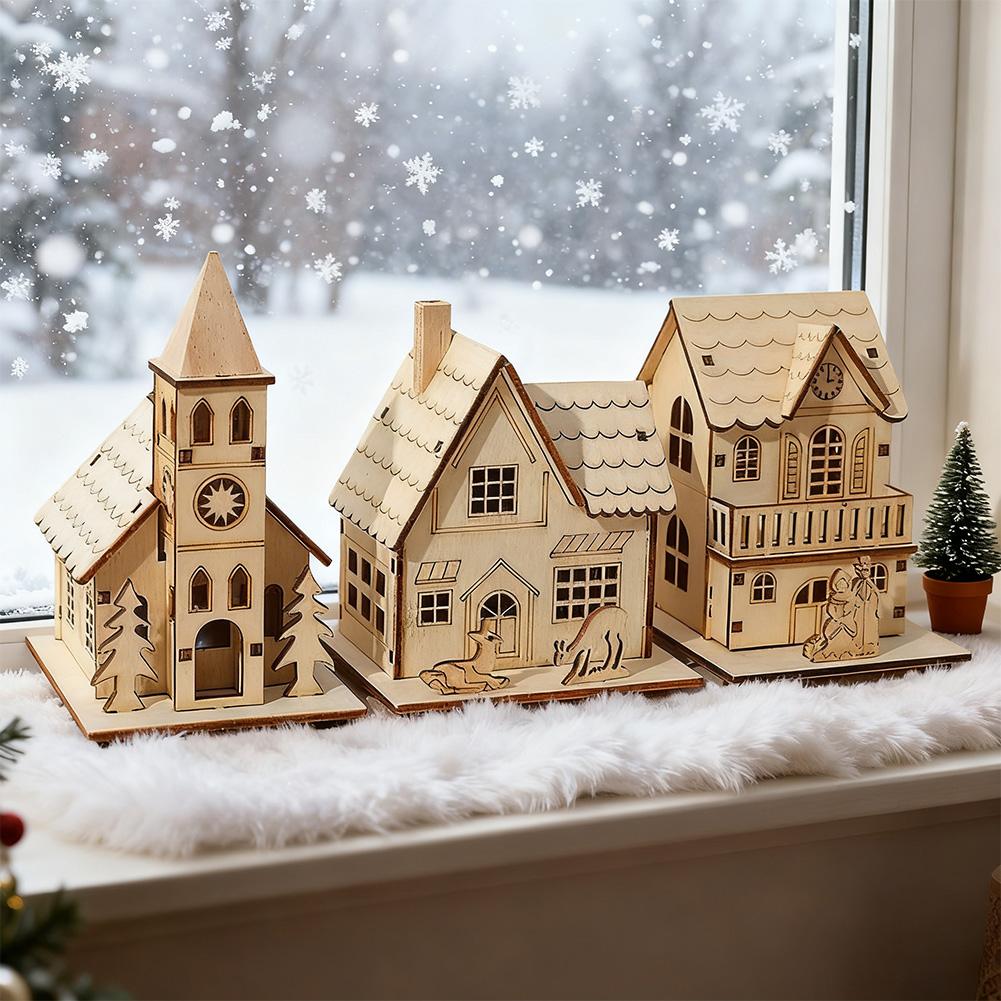 1/3PCS Festival Led Light Wood House Christmas Tree Decorations For Home Decoration Wooden House DIY Gift Window Decoration