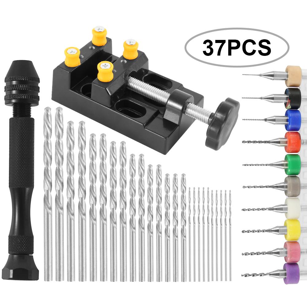 

37Pcs Portable Hand Twist Drill Set Include Pin Vise Hand Drill with Miniature Drill Micro Mini Twist Drill Bit and Bench Vice 1.4mm