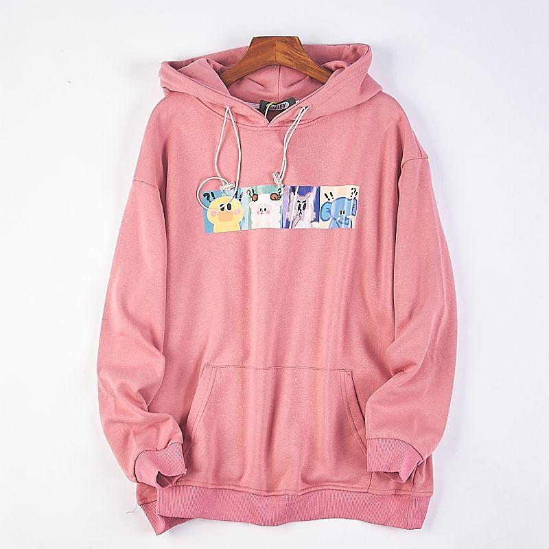 

511 Korean Style Cotton Terry Hooded T-shirt Hoodie Male and Female Couple 76508 Cartoon Print Loose Idle Style Outerwear Fashion 1 powder S