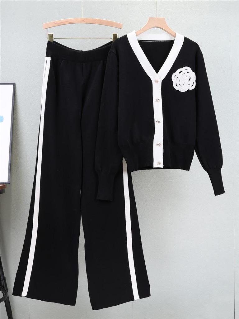 2025 Herbst/Winter Damen Strick-Cardigan & Weitbein-Hosen Set