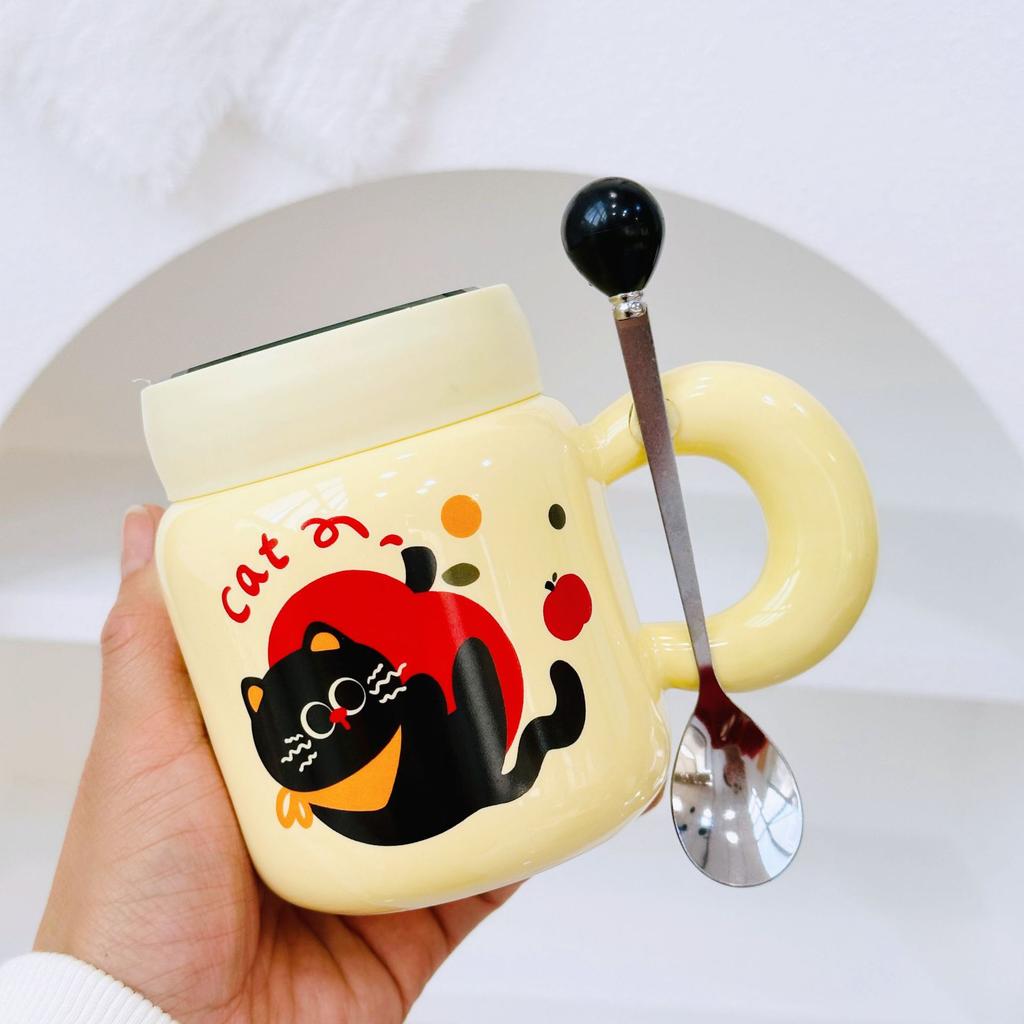 New Birthday Naughty Cat Water Cup Cartoon Ceramic Mug with Lid Spoon Cartoon Drinking Cup Gift Set Gift Box