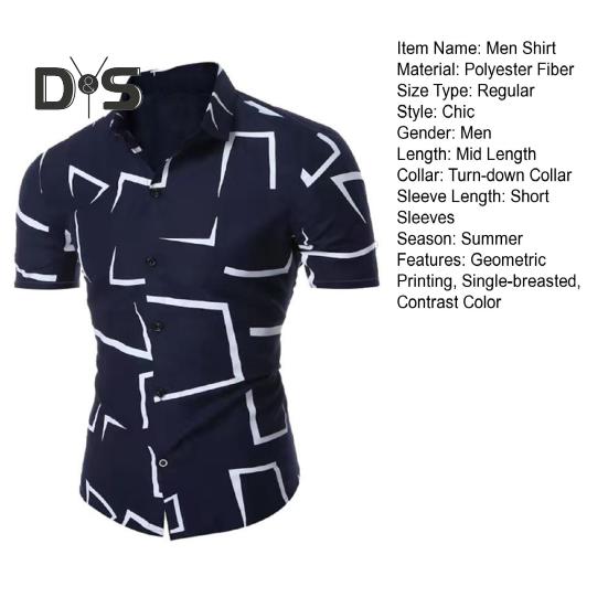 Summer Men Shirt Geometric Printing Single-breasted Short Sleeves Slim Fit Top Turn-down Collar Mid Length Contrast Color Shirt