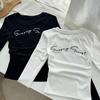 Korean Style Women's Spicy Girl Embroidered Thermal Fleece T-shirt - Autumn/Winter Round Neck, Long Sleeve, Regular Shoulder Base Layer Top
