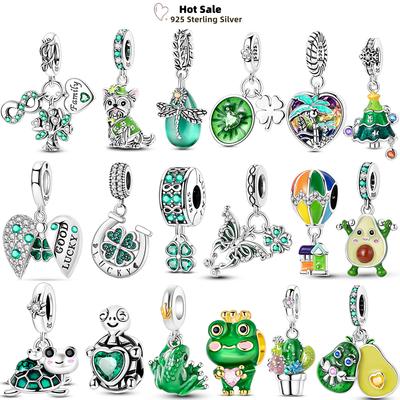 Copper Green Zircon Series Lucky Clover Charms Beads Fixed Clip Christmas Pendant Fit Original Bracelet Diy Jewelry