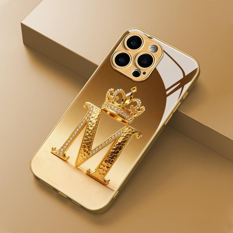 Luxus Goldene Krone Buchstabe M Muster Metallische Farbe Glas Handyhülle Für iPhone 17 Pro Max 11 12 13 14 15 16 Plus 17 Air 16E Hülle