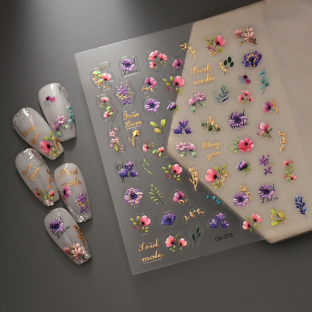 

Цветущие наклейки для ногтей, новые 5D бронзирующие цветные блоки, румяна, накладки на кончики ногтей, простые буквы, горячая распродажа, наклейки для ногтей CO-273
