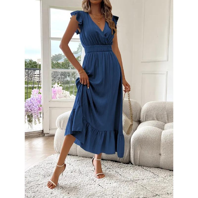 Fashion Summer Short Sleeved Elegant Casual Dress Solid Color Cross V Neck Simple Sleeveless Ruffled A-line Party Long Dresses Loose Women's Clothing
